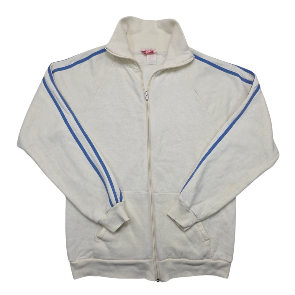Vintage Active Wear Track Jacket Cream White Blue Stripe Full Zip Large USA Made